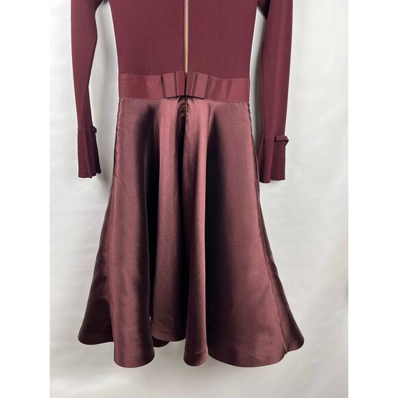 Ted Baker Zadi Dress Burgundy Fit & Flare Satin Skirt Frill Cuff Ruffle Neck - Picture 11 of 15